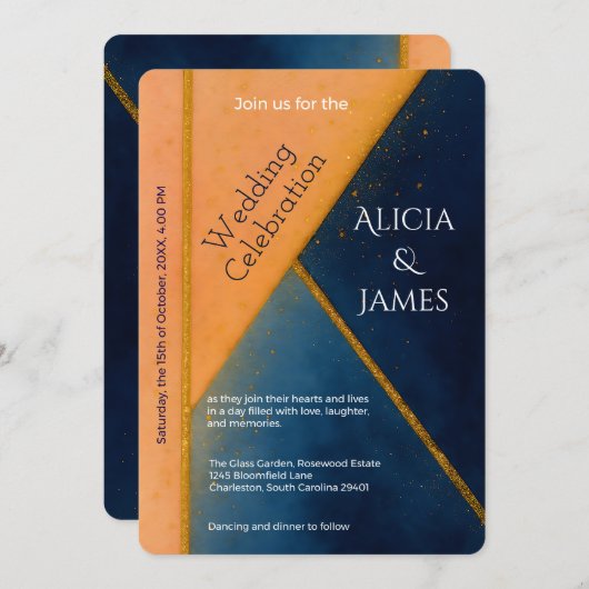 Hochzeit moderner geometrischer Korallenriffe Einladung (Vorne/Hinten)