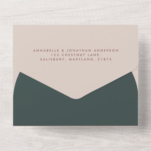 Hochzeit moderner Rostgrün-Schriftzeichen All In One Einladung (Rückseite)