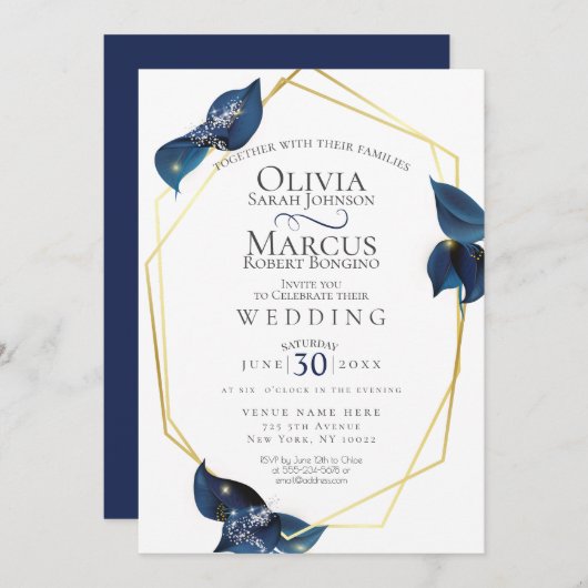 Hochzeit | Modernes Deep Indigo Blue und Gold Einladung (Vorne/Hinten)