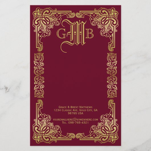 Hochzeit Monogram Classic Gold Frame Burgund Briefpapier (Vorderseite)
