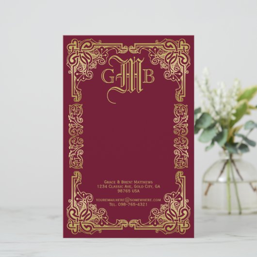 Hochzeit Monogram Classic Gold Frame Burgund Briefpapier (Stehend Vorderseite)