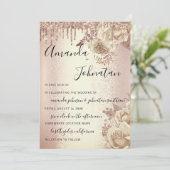 Hochzeit Monogram Tropfen Florals Elfenbeinige Ros Einladung (Stehend Vorderseite)