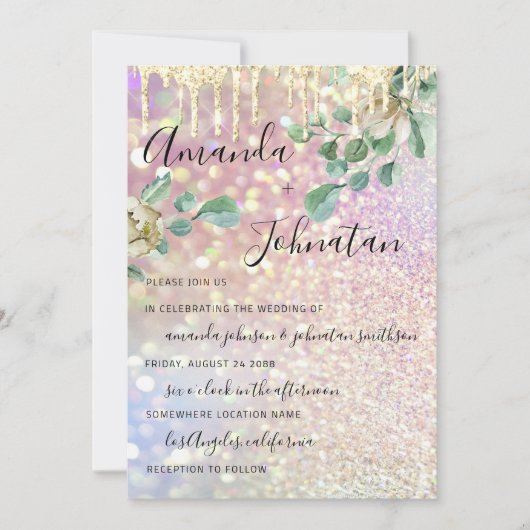 Hochzeit Monogram Tropfens Florals Mint Glitzer Ro Einladung (Vorderseite)