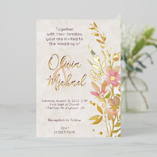 Hochzeit natürlicher Wildblumen Folieneinladung (Stehend vorne)