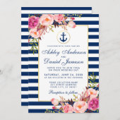 Hochzeit Nautic Blue Streifen Pink Floral Einladun Einladung (Vorne/Hinten)