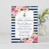 Hochzeit Nautic Blue Streifen Pink Floral Einladun Einladung (Stehend Vorderseite)