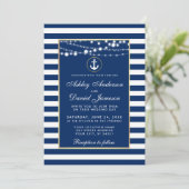 Hochzeit Nautic Blue Stripes Lights Einladung B (Stehend Vorderseite)