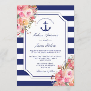 Hochzeit Nautical Anchor Floral Rose Blauer Streif Einladung