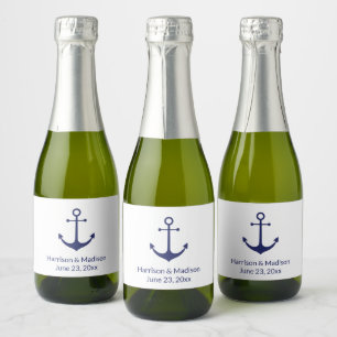 Hochzeit nautischer Anker blau weiß elegant Schaumweinetikett
