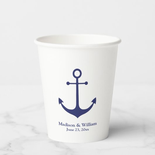 Hochzeit nautischer Anker Marine blaue weiße Bezei Pappbecher (Rückseite)