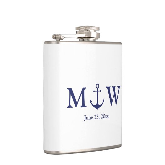 Hochzeit nautischer Ankermarineblau-Monogramm-Favo Flachmann (Rechts)