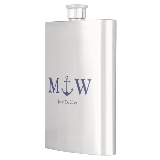 Hochzeit nautischer Ankermarineblau-Monogramm-Favo Flachmann (Links)