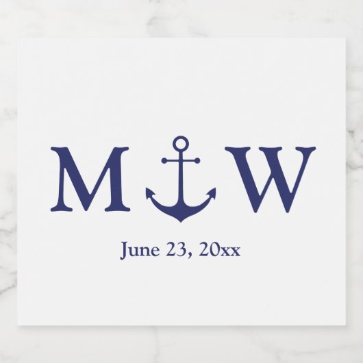 Hochzeit nautischer Ankernacht blaues weißes Monog Alkoholflaschenetikett (Einzelnes Label)