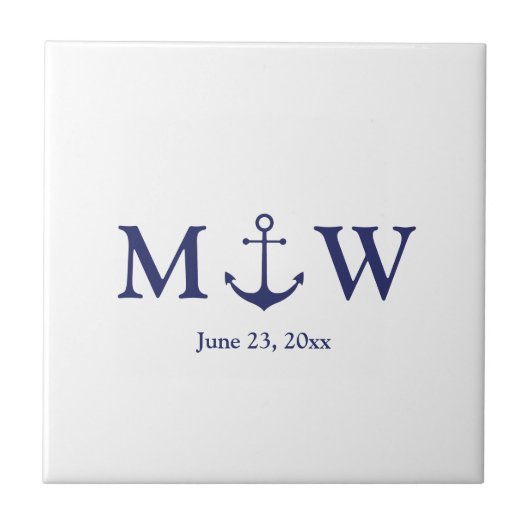 Hochzeit nautischer Ankernacht blaues weißes Monog Fliese (Vorderseite)