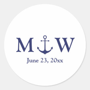 Hochzeit nautischer Ankernacht blaues weißes Monog Runder Aufkleber