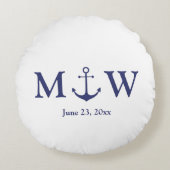 Hochzeit nautischer Ankernacht blaues weißes Monog Rundes Kissen (Vorderseite)