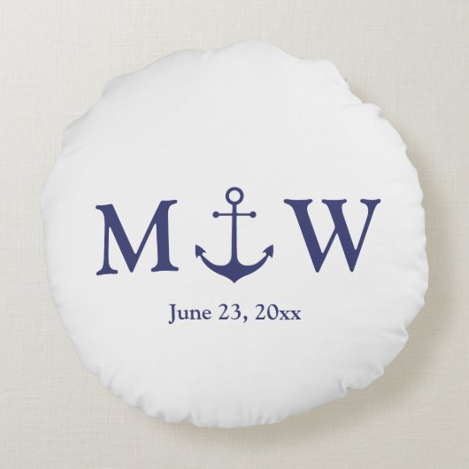 Hochzeit nautischer Ankernacht blaues weißes Monog Rundes Kissen (Rückseite)