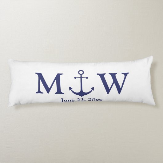 Hochzeit nautischer Ankernacht blaues weißes Monog Seitenschläferkissen (Rückseite)
