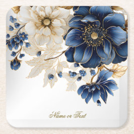 Hochzeit Navy Blau Weiß Golden Blumen Silber Rechteckiger Pappuntersetzer
