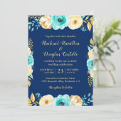 Hochzeit Navy Blue Aquamarin Gold Floral Romantic Einladung (Stehend Vorderseite)