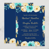 Hochzeit Navy Blue Aquamarin Gold Floral Romantic Einladung (Vorne/Hinten)
