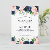 Hochzeit Navy Blue Blush Pink Elegante Blüte Einladung (Stehend Vorderseite)