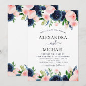 Hochzeit Navy Blue Blush Pink Elegante Blüte Einladung (Vorne/Hinten)
