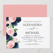 Hochzeit Navy Blue Blush Pink Elegante Blüte Einladung (Vorne/Hinten)
