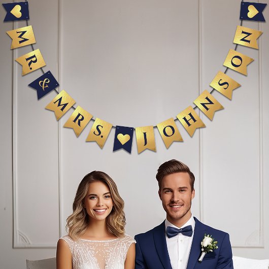 Hochzeit Navy Blue Imitate Gold Herz Mr. & Mrs. Na Wimpelkette