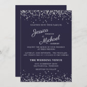 Hochzeit Navy Blue Silver Glitzer Elegantes Skript Einladung (Vorne/Hinten)