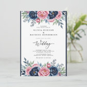 Hochzeit Navy Pink Botanical Bliss Einladung (Stehend Vorderseite)