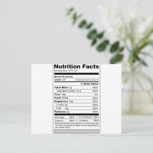 Hochzeit oder Jubiläum Süßes Funny Nutrition Label Karte (Stehend Vorderseite)
