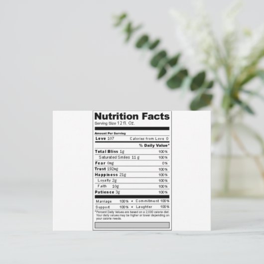 Hochzeit oder Jubiläum Süßes Funny Nutrition Label Postkarte (Stehend Vorderseite)