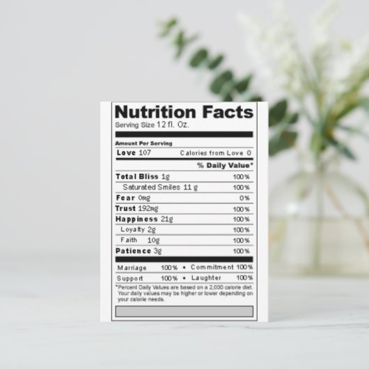 Hochzeit oder Jubiläum Süßes Funny Nutrition Label Postkarte (Stehend Vorderseite)
