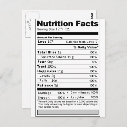 Hochzeit oder Jubiläum Süßes Funny Nutrition Label Postkarte (Vorne/Hinten)