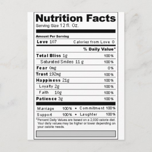 Hochzeit oder Jubiläum Süßes Funny Nutrition Label Postkarte (Vorderseite)