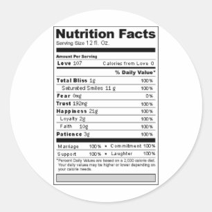 Hochzeit oder Jubiläum Süßes Funny Nutrition Label Runder Aufkleber