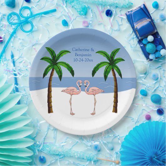 Hochzeit oder Verlobung Flamingos Beach Palmen Pappteller (Party)