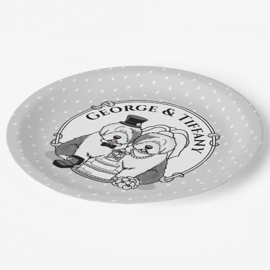 Hochzeit Old English Sheepdogs Bride Groom Gray 1 Pappteller (Schrägansicht)