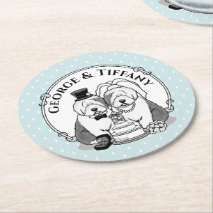 Hochzeit Old English Sheepdogs Bride Groom Gray 1 Runder Pappuntersetzer