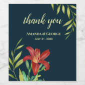 Hochzeit Orange Lily Illustration Dunkeltürkis Weinetikett (Einzelnes Label)