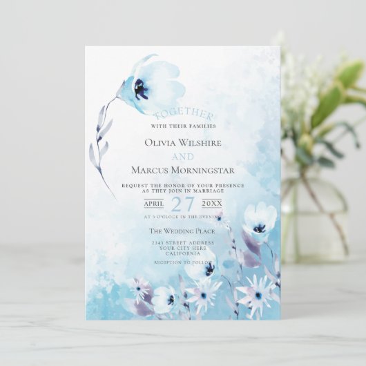 Hochzeit | Pale Blue Watercolor Anemone Garden Einladung (Stehend Vorderseite)