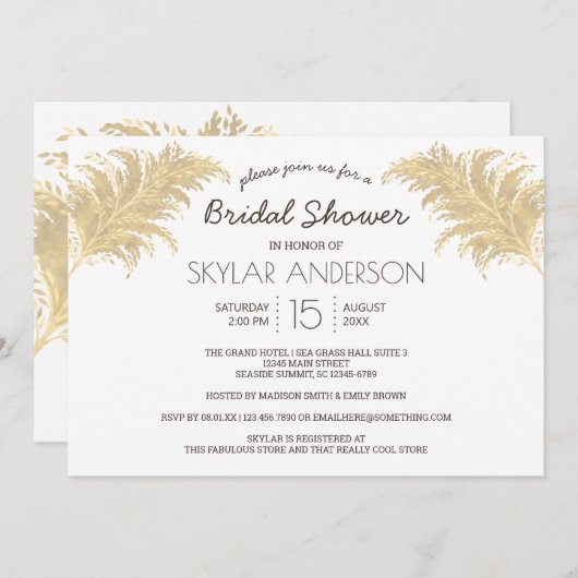 Hochzeit Pampas Grass Tan auf weißem Brautparty Einladung (Vorne/Hinten)