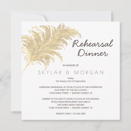 Hochzeit Pampas Grass Tan auf weißer Probe Einladung (Vorderseite)