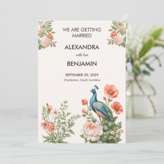 Hochzeit Pfau Botanisch Vintage | Ankündigung (Stehend Vorderseite)