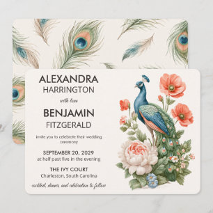 Hochzeit Pfau Botanisch Vintage-Blumenkunst Einladung