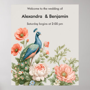 Hochzeit Pfau Botanisch   Vintage Blumenkunst Poster