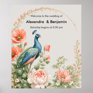 Hochzeit Pfau Botanisch   Vintage Blumenkunst Poster