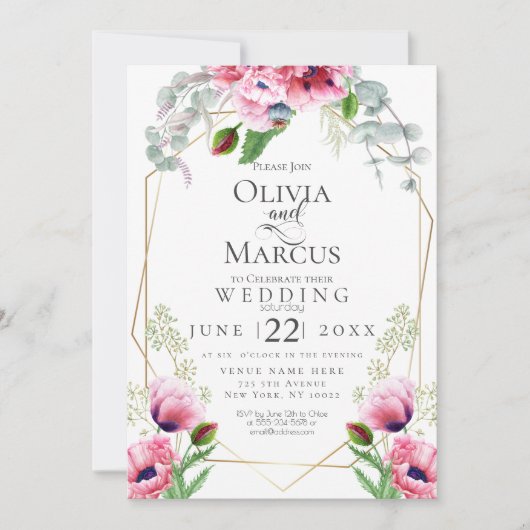 HOCHZEIT | Pink Poppies and Foliage Einladung (Vorderseite)