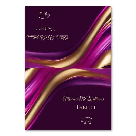 Hochzeit Platzkarten-Pork Icon Lila Gold- Tischnummer (Vorderseite)